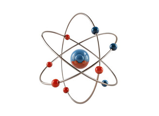 Atom model illustration of electron orbits and nucleus in scientific educational 3d visualization