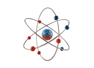 Atom model illustration of electron orbits and nucleus in scientific educational 3d visualization