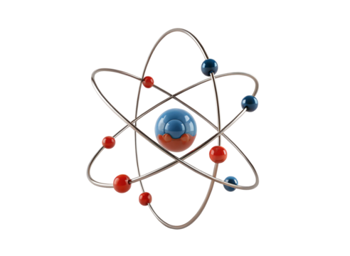 Atom model illustration of electron orbits and nucleus in scientific educational 3d visualization