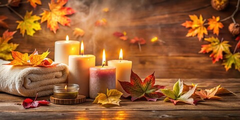 Autumn spa scene with candles, relaxing atmosphere, fall foliage