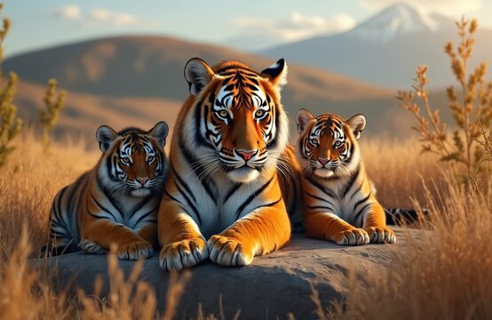 Mother tiger with two cubs rests on rocky terrain in grassy savanna. Inquisitive young tigers stay close to parent, exhibiting curiosity. Majestic feline family in natural habitat, warm sunlight.