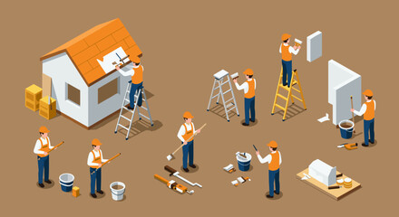 Construction workers building house with tools in isometric design on brown background