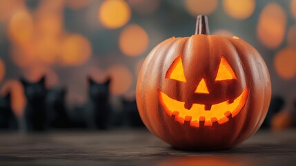 Glowing Boo with black cats and witches, mystical Halloween sky