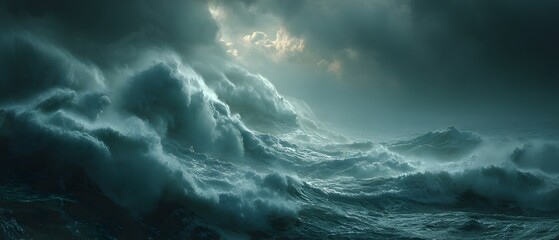 Fototapeta premium Dramatic, cinematic photograph of a powerful ocean storm. Colossal, churning waves crash under a dark, turbulent sky in a moody and epic scene.
