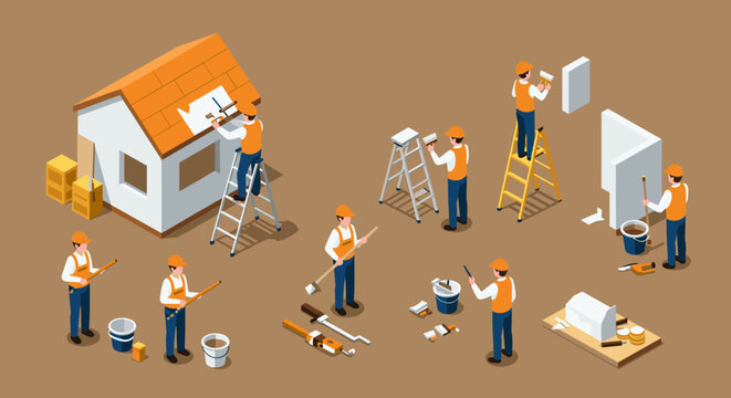 Construction workers building house with tools in isometric design on brown background