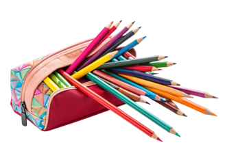 Colorful pencils in a vibrant pencil case on a white background for artistic creativity and kids
