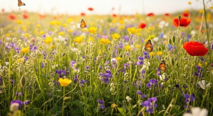 Vibrant Meadow of Wildflowers and Butterflies, Summer Sunlight, Nature's Beauty.