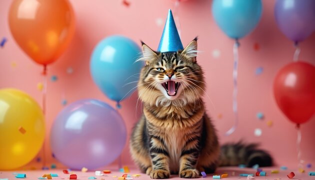 Fluffy cat with party hat yawns in colorful balloons and confetti. Festive feline celebrates birthday with open mouth and joyful expression. Adorable pet animal enjoys party.
