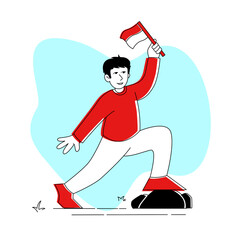 Minimalist Line Art Man Holding Indonesian Flag Celebrating Independence Day