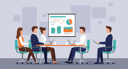 Business team analyzing data in a meeting room with presentation charts
