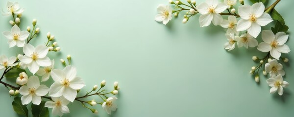 Delicate white jasmine flowers with green leaves branch. Soft pastel background. Spring bloom, natural beauty, floral decoration, copy space for text or design.