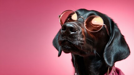 A stylish black dog wearing round sunglasses poses against a vibrant pink backdrop, radiating confidence and charm, showcasing a fun blend of fashion and pet personality.