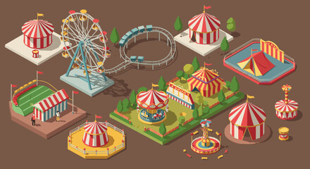 Isometric carnival scene with ferris wheel and tents on brown background