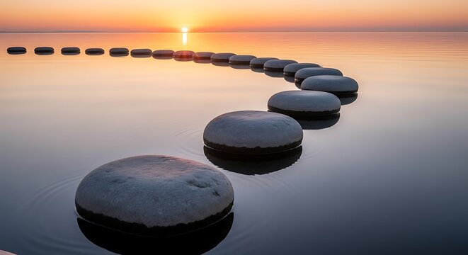 Path of Success Represented by Floating Stones on Calm Water with Sunrise Reflection