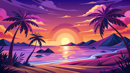 Sunset Over Tropical Beach with Palm Trees
Sun melts into ocean waves, sky ablaze with violet and gold, palm silhouettes sway gently, horizon whispers serenity, eternal promise of paradise lingers in 