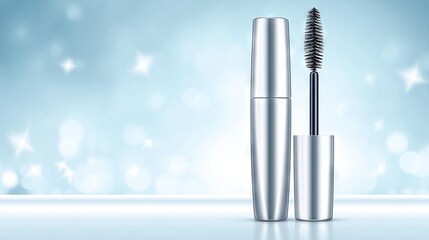 Sleek silver mascara tube with applicator brush positioned elegantly against a soft blue background, showcasing beauty product design and luxurious appeal for cosmetic branding