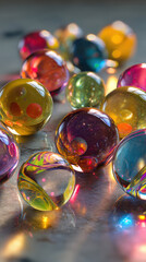 Colorful glass marbles reflecting light create vibrant and playful scene on smooth surface. marbles translucent textures and varied hues add sense of wonder and nostalgia