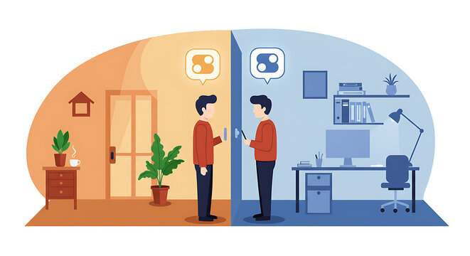 Remote Smart Home Control Concept: Man Manages Connected Devices and Work-Life Balance from Office - Powered by Adobe