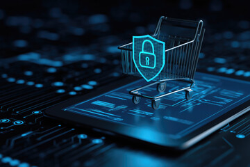 Conceptual Illustration of Secure Checkout with Lock Icon, Shopping Cart, and Tablet UI in Cybersecurity Style