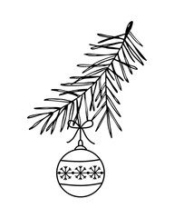 Fir tree branch with Christmas bauble line art vector illustration, black outline hand drawn sketch, simple contour style, ideal for festive design, greeting cards, holiday decorations