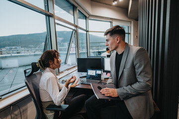 Two business professionals engage in a meaningful conversation in a modern office setting.