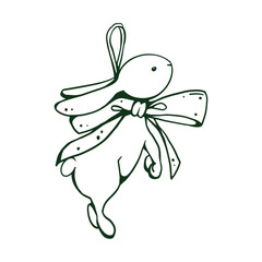 Illustration Retro bunny, rabbit, Christmas tree toy. Vintage Christmas decoration. Rabbit with a bow, childrens toy. Christmas decor. Vector monochrome illustration on white background.
