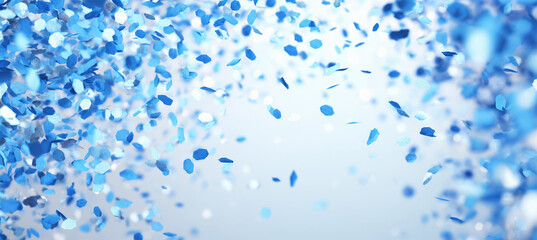 Hintergrund Konfetti Regenin blau  mit Bokeh Lichtern und Textfreiraum für Werbung
