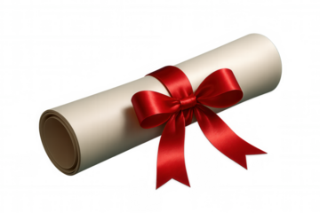 Rolled graduation diploma bound with red ribbon, symbolizing academic achievement against clean transparent backdrop