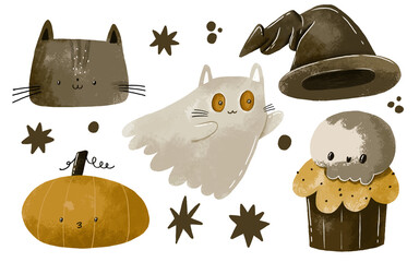Hallooween collection.  Hand drawn watercolor illustration. Autumn holiday collection, fall
