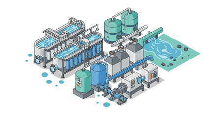 Obraz premium Isometric water treatment plant diagram with detailed equipment and process flow