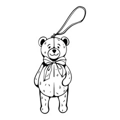 Illustration Retro teddy bear, Christmas tree toy. Vintage Christmas decoration. Xmas decor. Vector monochrome outline illustration isolated on white background