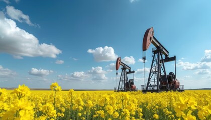 Two oil pumpjacks operate in vibrant yellow canola field under bright blue sky with scattered clouds. Striking contrast between industry, nature. Machinery extracts crude oil, fuel. Agriculture