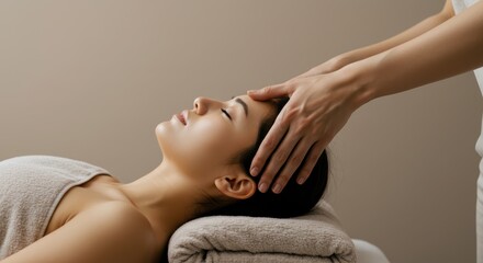 Fototapeta premium A woman receiving a head massage while lying on an aesthetic bed.
