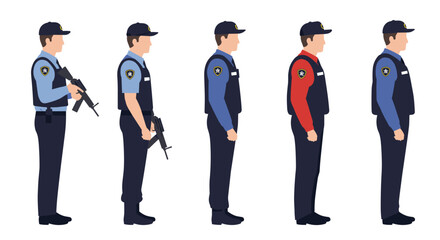 Fototapeta premium Uniformed security guard evolution: modern styles and equipment progression