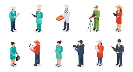 Diverse professions in isometric style: chef, doctor, photographer, farmer, and more