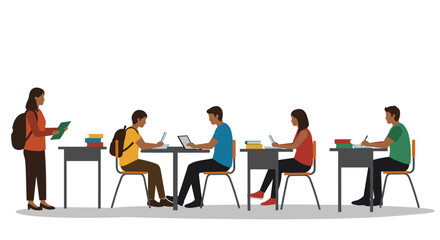 Students studying in a classroom with laptops and books in a flat style