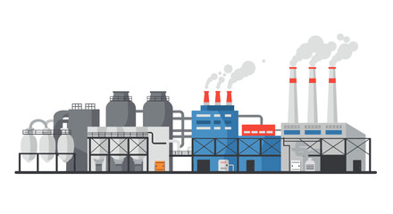 Obraz premium Flat industrial factory illustration with smoke stacks and machinery in blue and gray tones