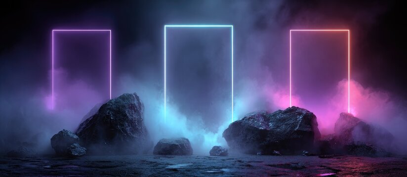 Dark, misty scene with three glowing neon rectangles framing a rocky landscape