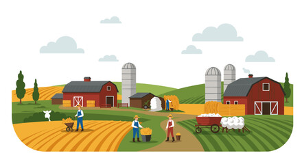 Bountiful harvest scene in rural countryside with farm workers and red barns
