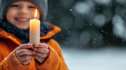 Hanukkah celebration outdoors in a snowy landscape, menorah glowing against the cold, family bundled up and smiling