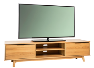 Modern wooden TV stand with large flat screen television on top in minimalist living room decor style