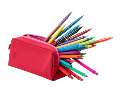 Colorful pencils and pens in a bright red case for art supplies organization and school use