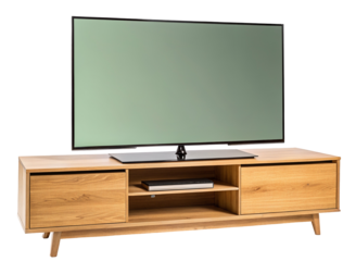 Modern flat screen TV on wooden media console in minimalist living room interior design setup