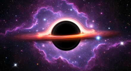 Stylized Depiction of Black Hole with Glowing Accretion Disk and Nebula Cloud in Deep Space
