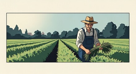 Fototapeta premium A serene portrayal of agrarian life farmer cultivating crops in vast open field