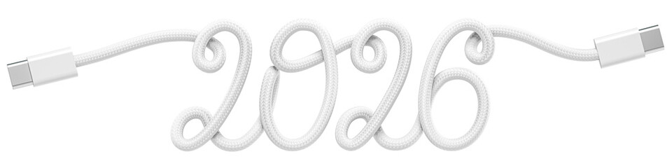 USB-C Cable Forming 2026 Symbolizing Modern Technology. 3D rendering