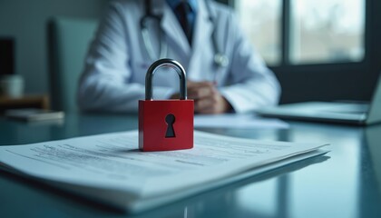 Red padlock secures medical record on desk. Symbolizing patient confidentiality and data protection in healthcare settings. Doctor in white coat in background. Focus on sensitive information safety.