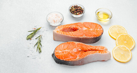 Fresh salmon steaks prepared for a delicious seafood meal in a kitchen setting