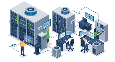 Isometric data center with it technicians and servers in a modern workspace