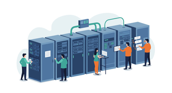 Isometric server room with people managing data center operations - Powered by Adobe
